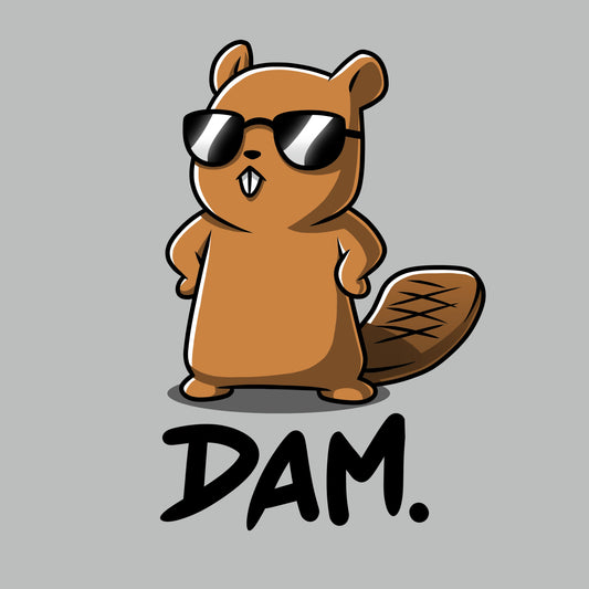 Premium Cotton T-shirt_TeeTurtle Dam. silver gray t-shirt featuring a beaver wearing sunglasses, standing with hands on hips, with the word 