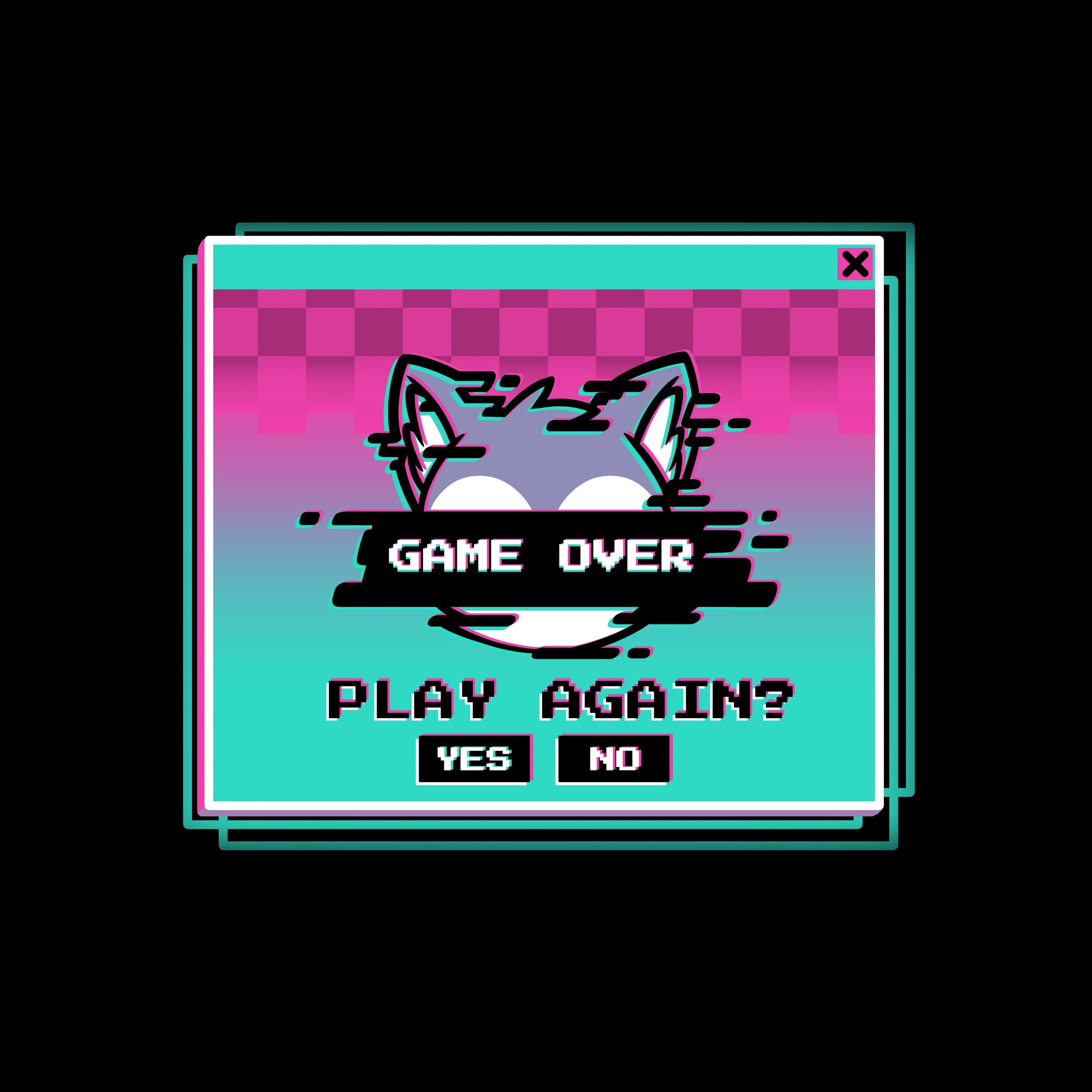 Premium Cotton T-shirt_TeeTurtle Game Over, Play Again? black t-shirt featuring a video game over screen with a wolf asking if you want to play again.