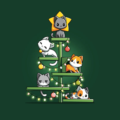 Premium Cotton T-shirt_TeeTurtle forest green Kitty Christmas Tree t-shirt featuring a group of cats on a cat tree with holiday decor draped on it.