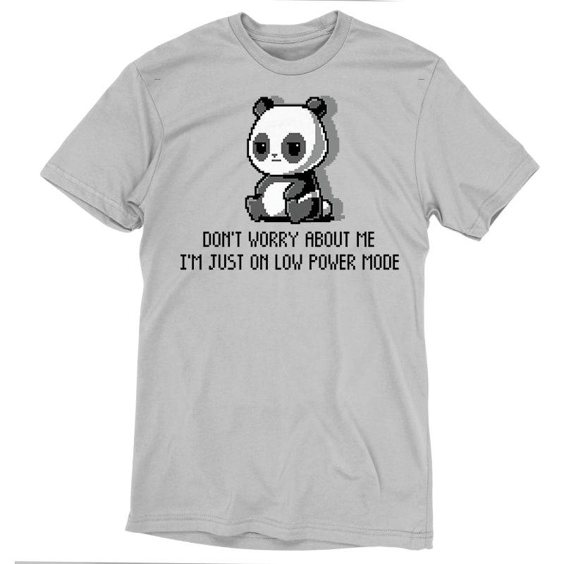 Premium Cotton T-shirt_TeeTurtle Low Power Mode silver gray t-shirt featuring pixel art of a panda sitting with the text "Don't worry about me, I'm just on low power mode" in a playful, retro style.