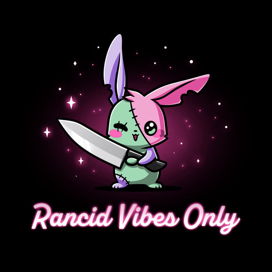 Premium Cotton T-shirt_TeeTurtle black Rancid Vibes Only. Featuring a patchwork bunny holding a large knife.