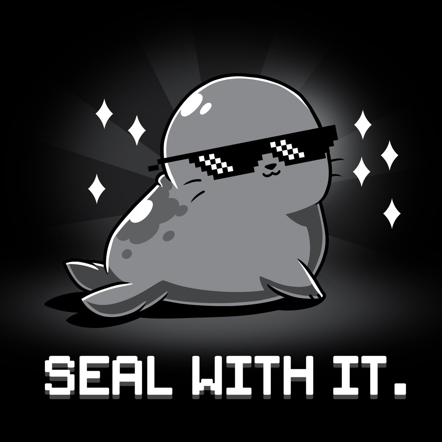 Premium Cotton T-shirt_Teeturtle Seal With It. Black Featuring a smug, sunglasses-wearing seal surrounded by sparkling diamonds with 'Seal with it.' written beneath.