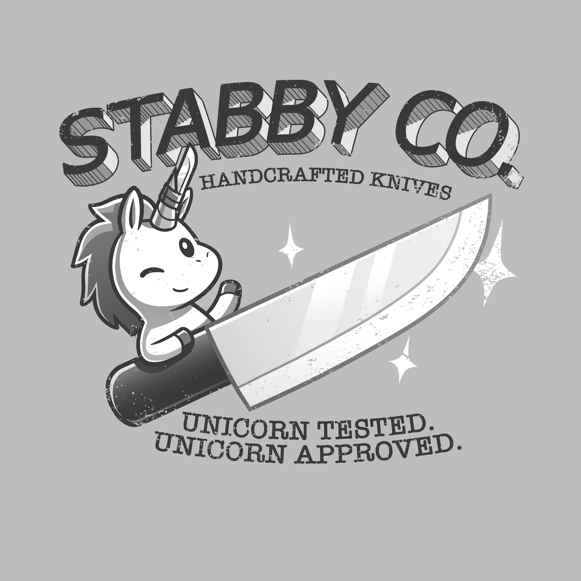 Premium Cotton T-shirt_TeeTurtle Stabby Co. Handcrafted Knives silver gray t-shirt featuring a logo of "Stabby Co." A unicorn is holding a large knife, with the text "Handcrafted Knives - Unicorn Tested. Unicorn Approved."