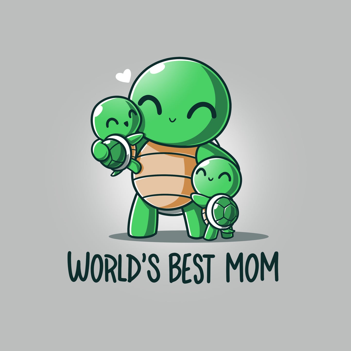 Premium Cotton T-shirt_TeeTurtle World's Best Mom Silver Gray t-shirt featuring cartoon turtle mom holding one baby turtle and hugging another with the text "World's Best Mom apparel" below them. A small heart floats near her head. 