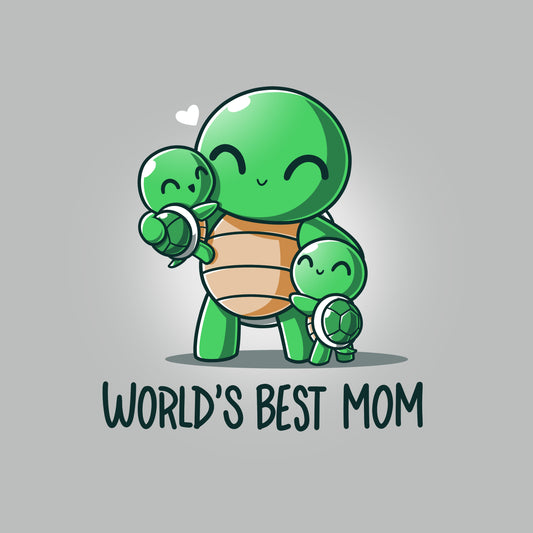 Premium Cotton T-shirt_TeeTurtle World's Best Mom Silver Gray t-shirt featuring cartoon turtle mom holding one baby turtle and hugging another with the text 