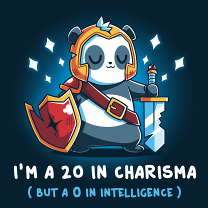 Premium Cotton T-shirt_TeeTurtle I'm a 20 in Charisma navy blue t-shirt featuring a fantasy panda wearing armor and holding a sword and shield with sparkles around them.