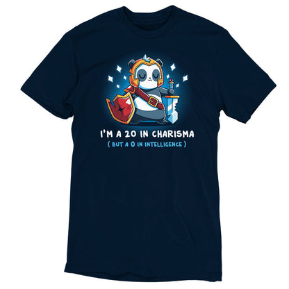 Premium Cotton T-shirt_TeeTurtle I'm a 20 in Charisma navy blue t-shirt featuring a fantasy panda wearing armor and holding a sword and shield with sparkles around them.