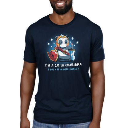 Premium Cotton T-shirt_TeeTurtle I'm a 20 in Charisma navy blue t-shirt featuring a fantasy panda wearing armor and holding a sword and shield with sparkles around them.