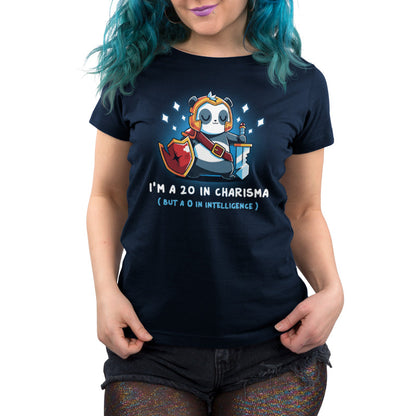 Premium Cotton T-shirt_TeeTurtle I'm a 20 in Charisma navy blue t-shirt featuring a fantasy panda wearing armor and holding a sword and shield with sparkles around them.