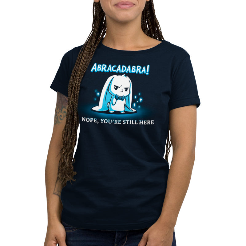 Premium Cotton T-shirt_TeeTurtle Abracadabra navy blue t-shirt featuring a serious-looking white rabbit wearing a bow tie and holding a magic wand 