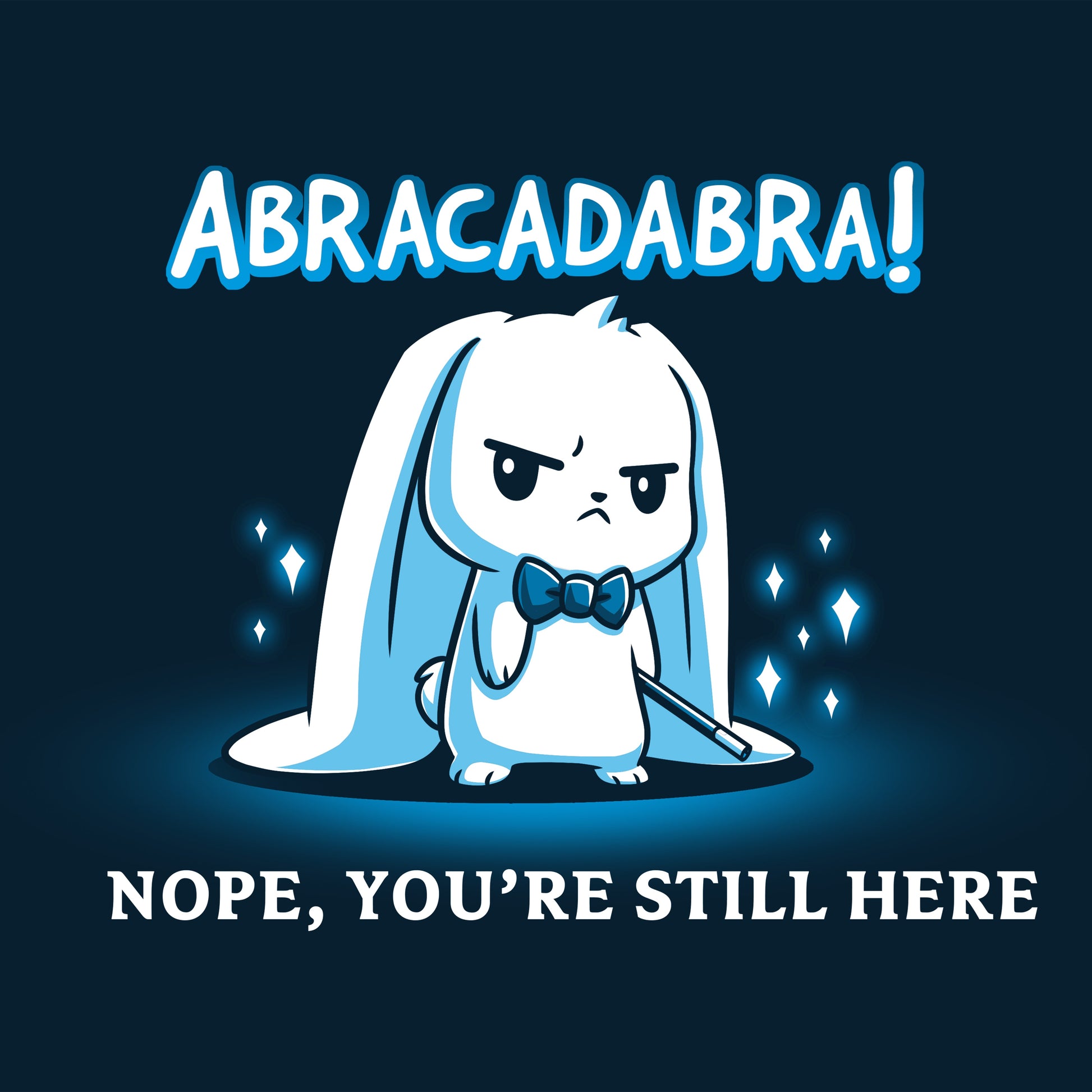 Premium Cotton T-shirt_TeeTurtle Abracadabra navy blue t-shirt featuring a serious-looking white rabbit wearing a bow tie and holding a magic wand 