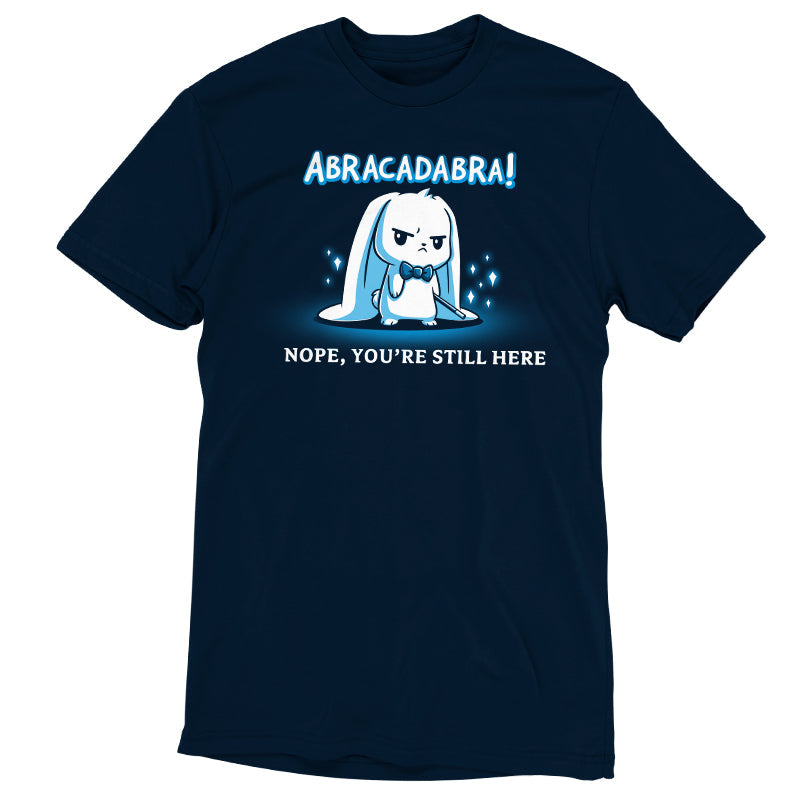 Premium Cotton T-shirt_TeeTurtle Abracadabra navy blue t-shirt featuring a serious-looking white rabbit wearing a bow tie and holding a magic wand 