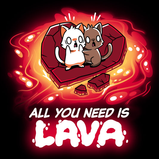 Premium Cotton T-shirt_TeeTurtle All You Need is Lava black t-shirt featuring two cats standing on a piece of stone in the shape of a heart floating on lava with a pun below.