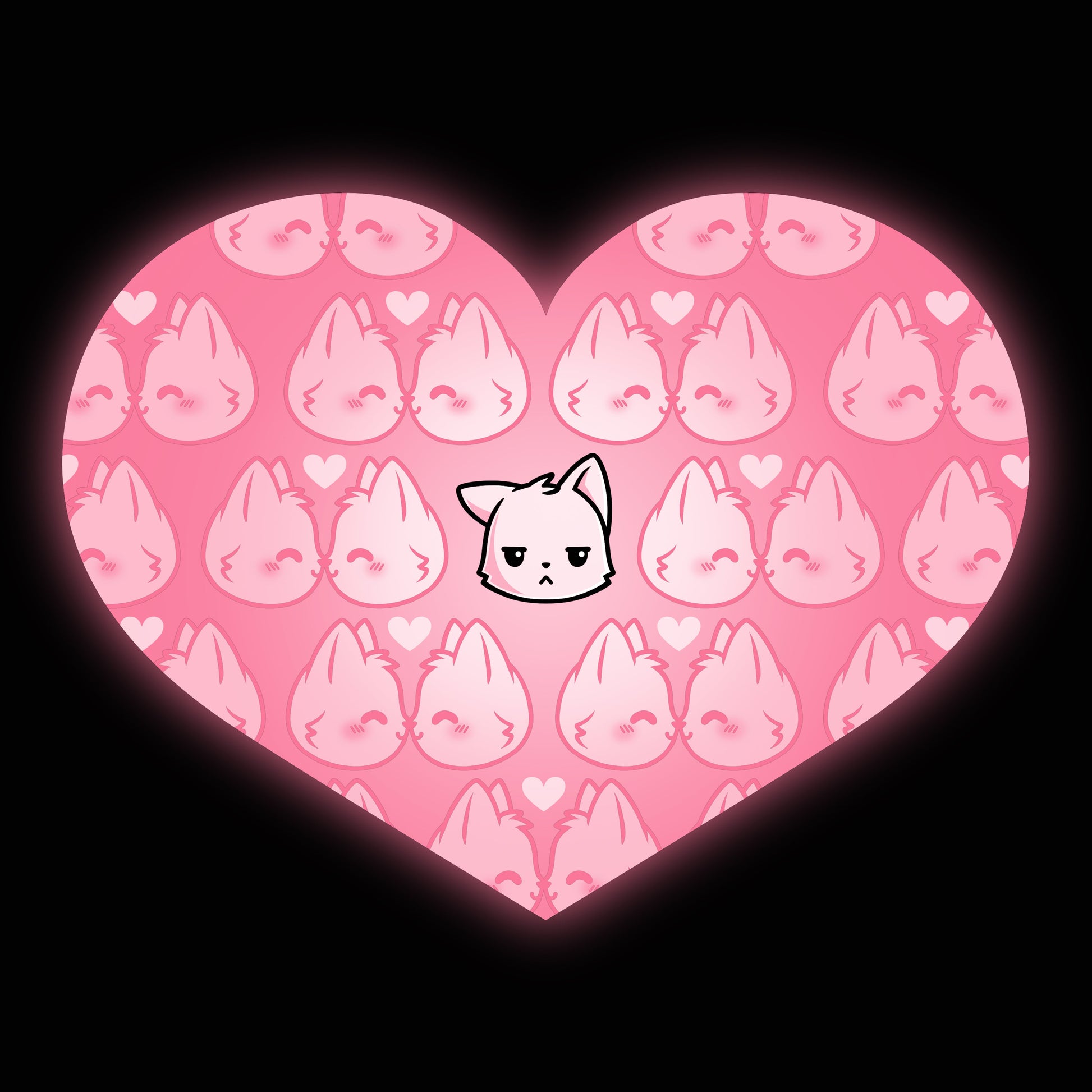 Premium Cotton T-shirt_TeeTurtle All by Meowself black t-shirt featuring multiple pink cats showing happy expressions surrounds a single central cat with a neutral expression.