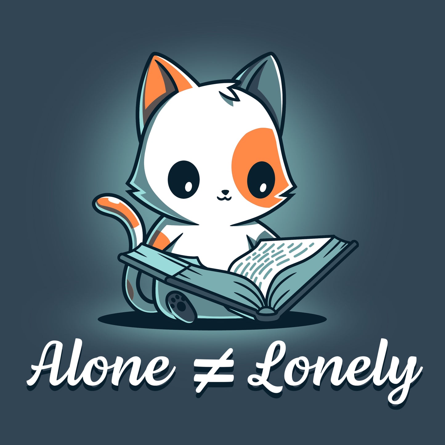 Premium Cotton T-shirt_TeeTurtle Alone Not Lonely denim blue t-shirt featuring cheerful cat reading a book.