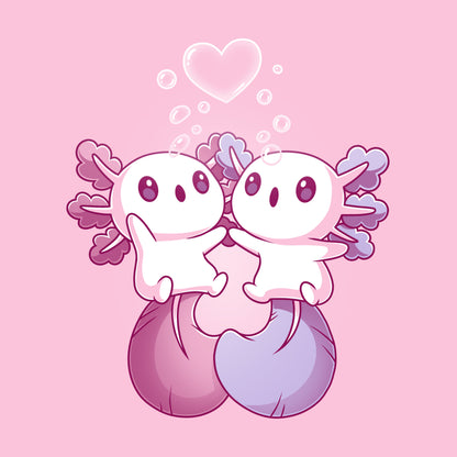 Premium Cotton T-shirt_TeeTurtle Alotl Love t-shirt featuring one pink and one blue axolotl holding hands underneath a heart-shaped bubble.