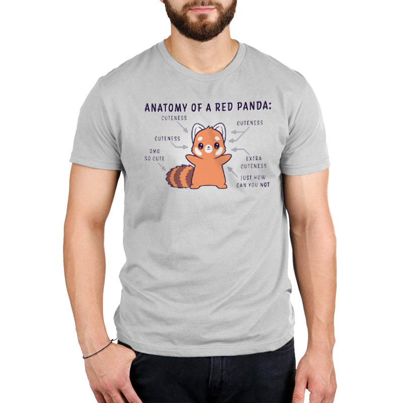 Premium Cotton T-shirt_TeeTurtle Anatomy of a Red Panda silver gray t-shirt featuring a kawaii red panda with a cute expression standing with arms out and arrows pointing to different parts of the red panda and captions to different parts of its body that say "Cuteness," "Extra Cuteness," "Just how can you not" and "OMG So Cute".