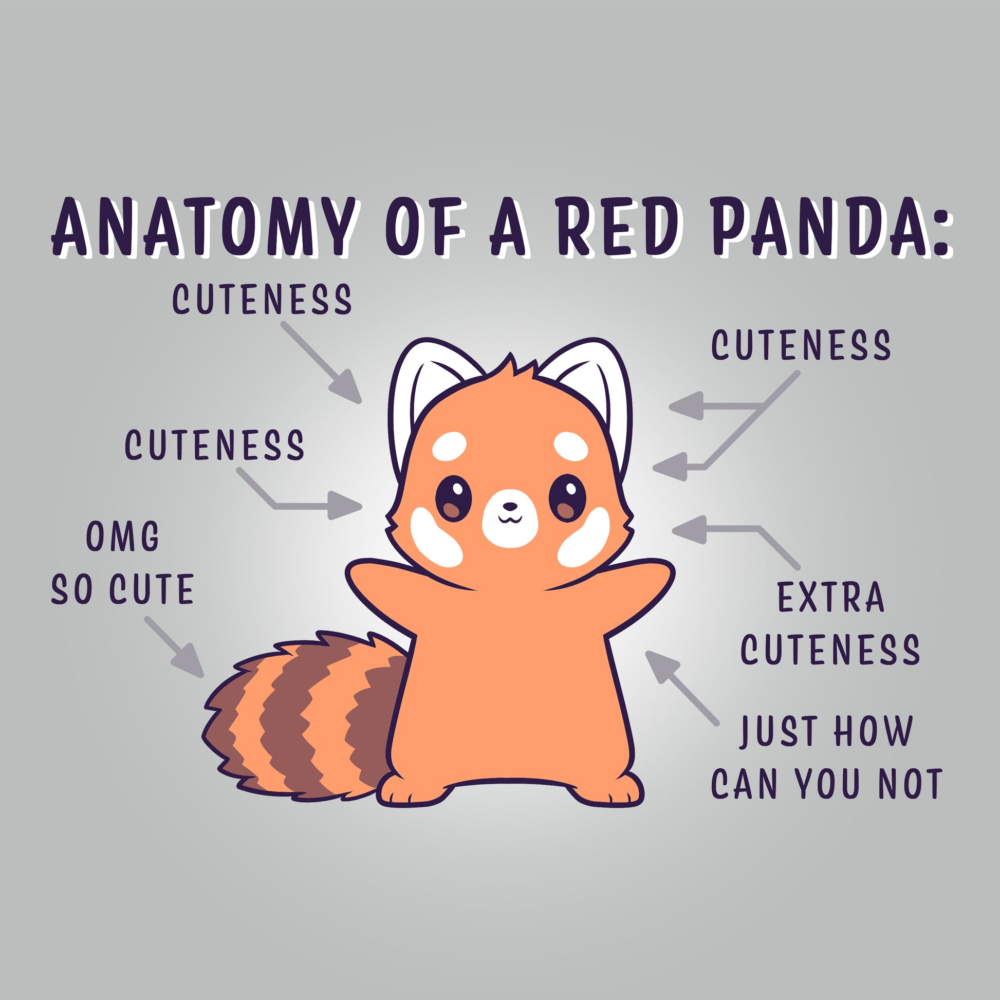 Premium Cotton T-shirt_TeeTurtle Anatomy of a Red Panda silver gray t-shirt featuring a kawaii red panda with a cute expression standing with arms out and arrows pointing to different parts of the red panda and captions to different parts of its body that say "Cuteness," "Extra Cuteness," "Just how can you not" and "OMG So Cute".