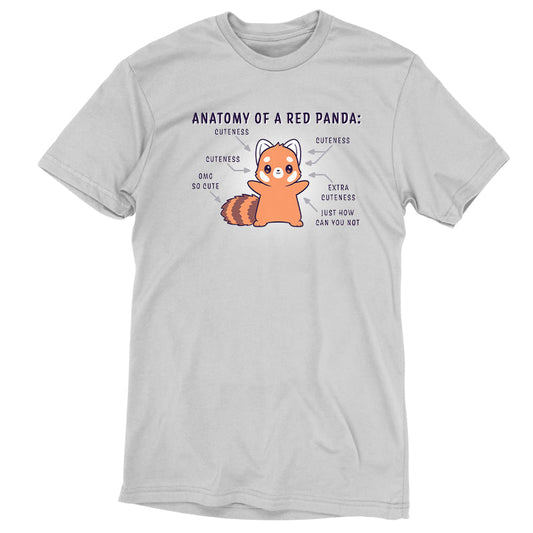 Premium Cotton T-shirt_TeeTurtle Anatomy of a Red Panda silver gray t-shirt featuring a kawaii red panda with a cute expression standing with arms out and arrows pointing to different parts of the red panda and captions to different parts of its body that say 