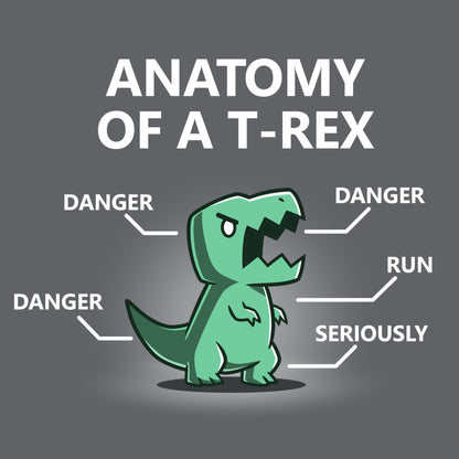 Premium Cotton T-shirt_Teeturtle Anatomy of a T-Rex charcoal gray t-shirt featuring a T-Rex with labels pointing to its head, arms, tail, and body. The labels read "DANGER" for the head, arms, and tail, "RUN" for its legs, and "SERIOUSLY" for its body. Text above reads "ANATOMY OF A T-REX". 