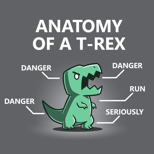 Premium Cotton T-shirt_Teeturtle Anatomy of a T-Rex charcoal gray t-shirt featuring a T-Rex with labels pointing to its head, arms, tail, and body. The labels read 