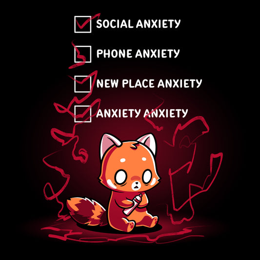 Premium Cotton T-shirt_TeeTurtle Anxiety Checklist black t-shirt featuring a red panda sits anxiously with checkboxes.