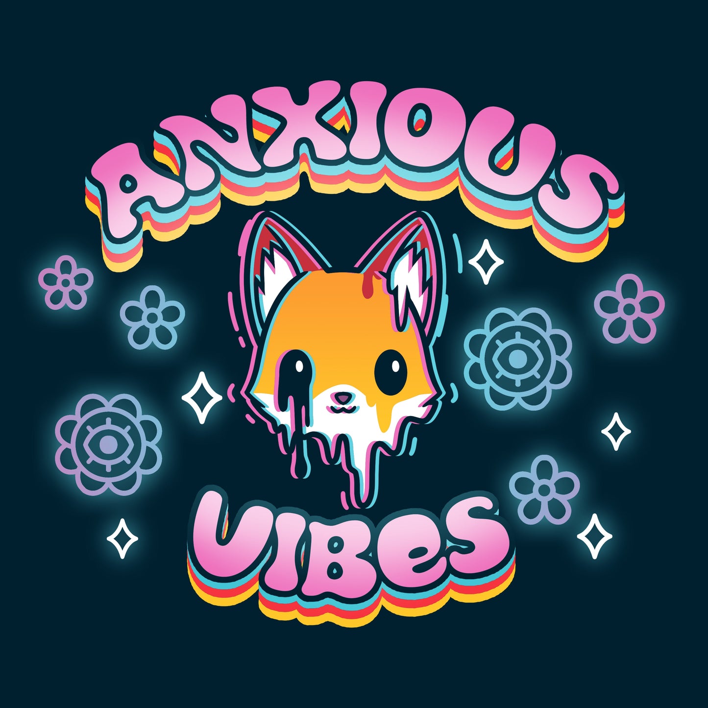 Premium Cotton T-shirt_TeeTurtle Anxious Vibes navy blue t-shirt featuring a fox with text "Anxious Vibes" above and below.