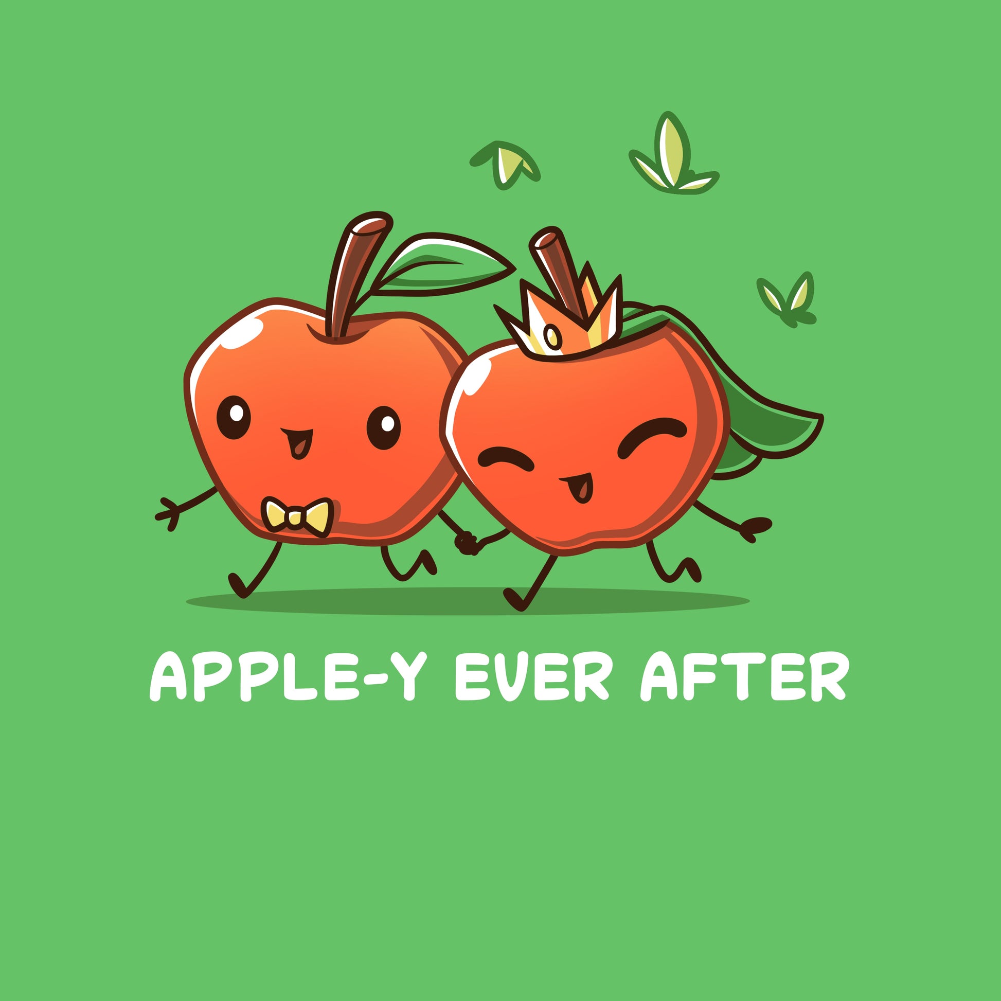 Premium Cotton T-shirt_TeeTurtle Apple-y Ever After apple green t-shirt featuring two animated apples with happy faces holding hands, one wearing a bow tie and the other a crown and veil. The text "APPLE-Y EVER AFTER" is displayed below. 