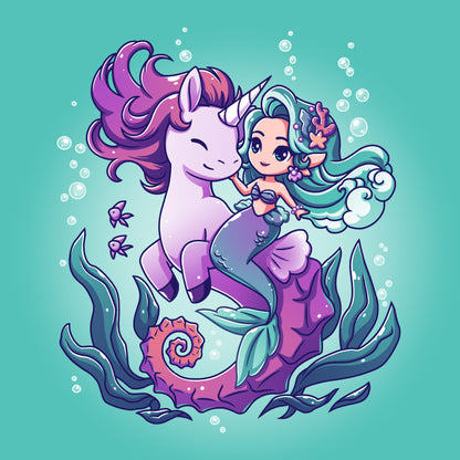 Premium Cotton T-shirt_Teeturtle BFFs (Sea Unicorn and Mermaid) Caribbean blue t-shirt featuring an illustrated image of a cheerful mermaid with teal hair riding a smiling purple unicorn underwater, surrounded by bubbles, fish, and sea plants.