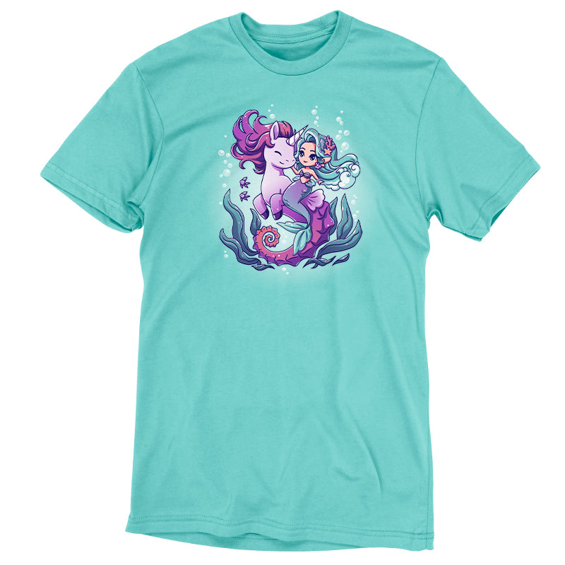 Premium Cotton T-shirt_Teeturtle BFFs (Sea Unicorn and Mermaid) Caribbean blue t-shirt featuring an illustrated image of a cheerful mermaid with teal hair riding a smiling purple unicorn underwater, surrounded by bubbles, fish, and sea plants.