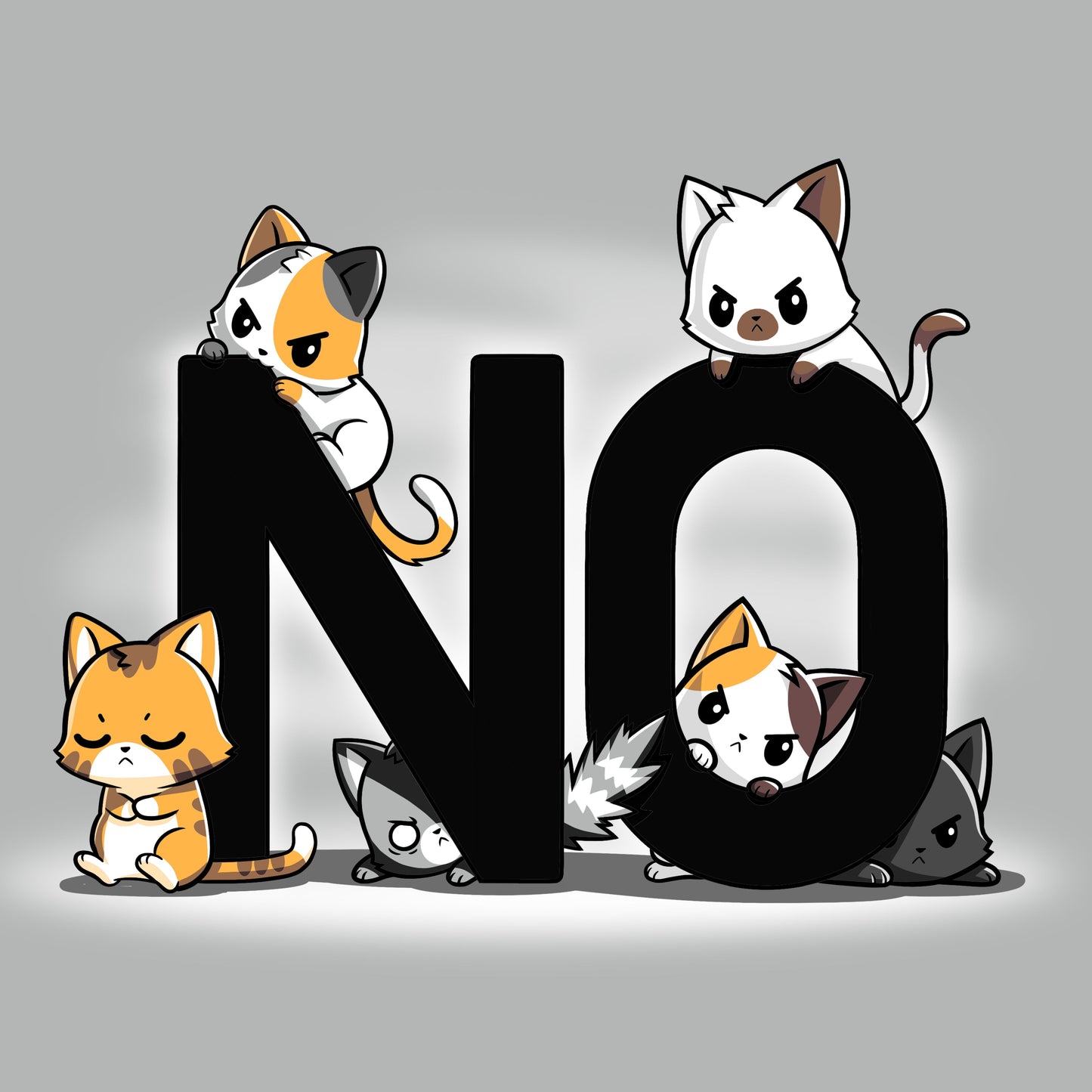 Premium Cotton T-shirt_TeeTurtle Bad Cattitude silver gray t-shirt featuring a group of six cats with grumpy faces. Large black letters spell out "NO."