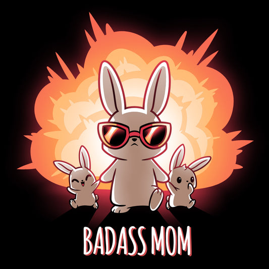 Premium Cotton T-shirt_TeeTurtle Badass Mom black t-shirt featuring an extreme bunny with an explosion behind her and holding hands with two little bunnies.