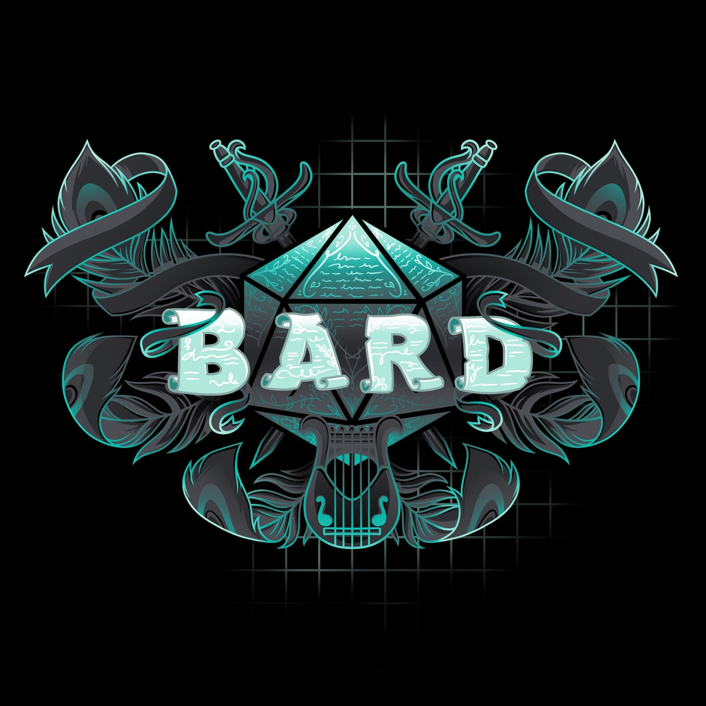 Premium Cotton T-shirt_TeeTurtle Bard Class black t-shirt featuring an artistic "Bard" word in front of a D20 device with swords going through and feathers around it and a lyre at the bottom.