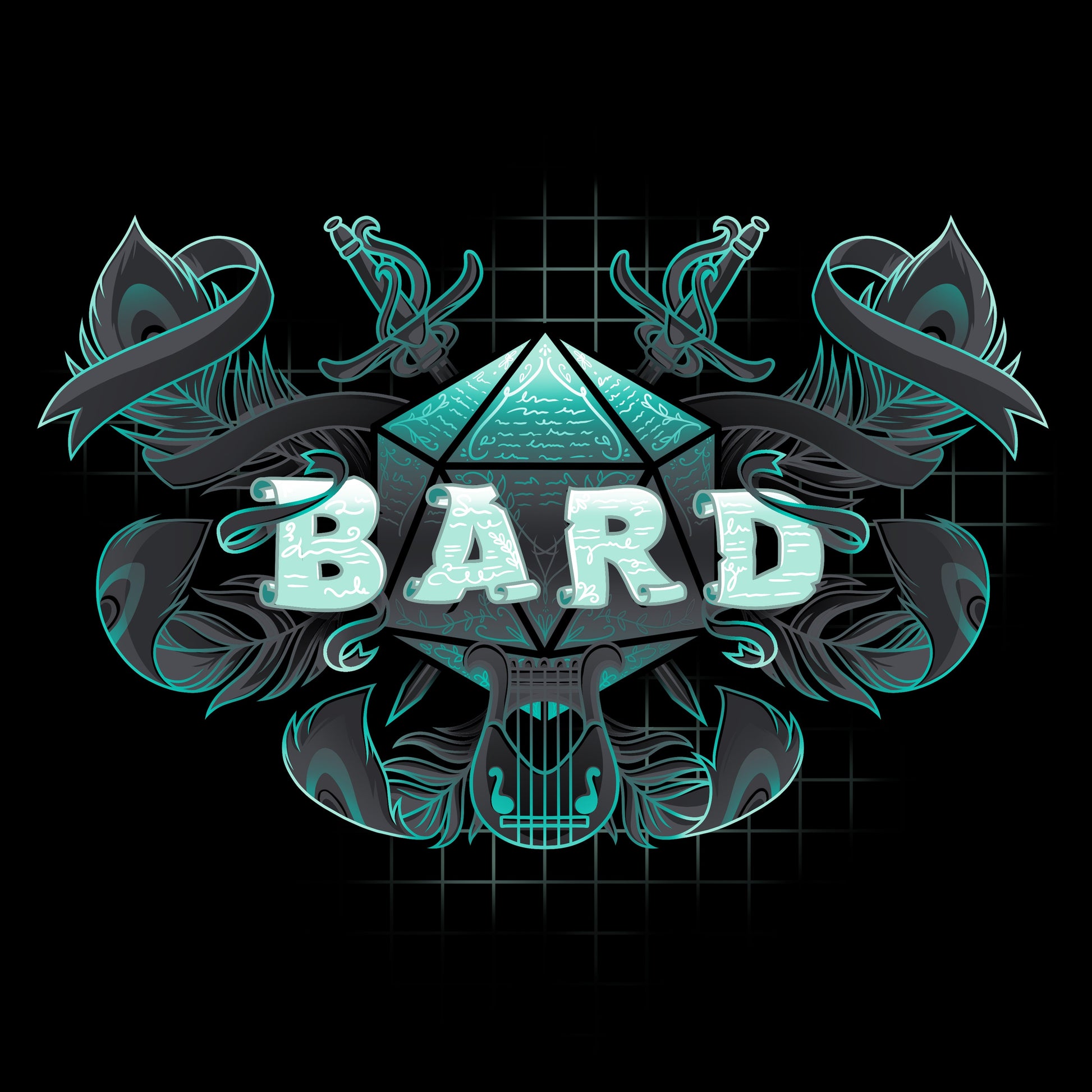 Premium Cotton T-shirt_TeeTurtle Bard Class black t-shirt featuring an artistic "Bard" word in front of a D20 device with swords going through and feathers around it and a lyre at the bottom.