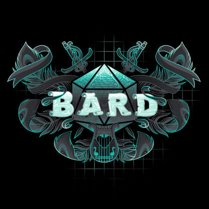 Premium Cotton T-shirt_TeeTurtle Bard Class black t-shirt featuring an artistic "Bard" word in front of a D20 device with swords going through and feathers around it and a lyre at the bottom.