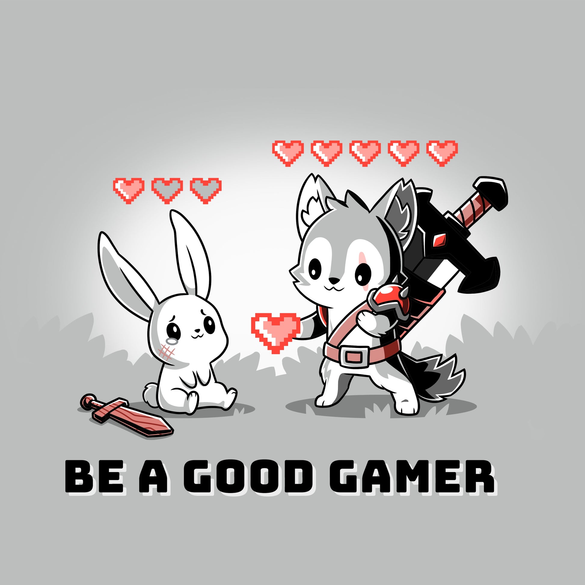 Premium Cotton T-shirt_TeeTurtle Be a Good Gamer silver gray t-shirt featuring a gray wolf character in armor with 5 life hearts above him offering a video game style life heart to an injured bunny who only has one life heart left sitting crying next to a sword. Text below reads, "BE A GOOD GAMER." 