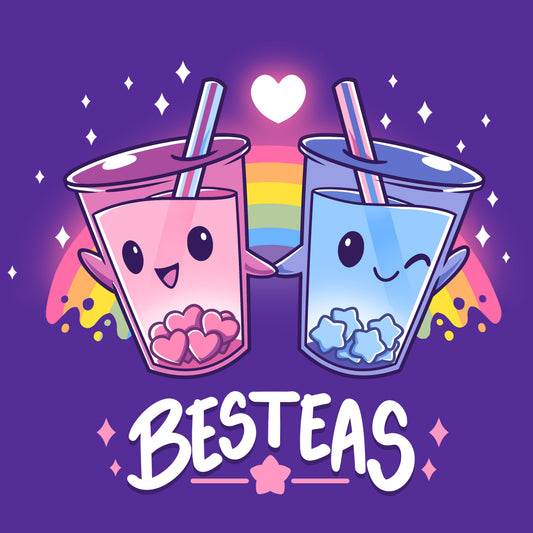 Premium Cotton T-shirt_TeeTurtle Besteas purple t-shirt featuring two bubble tea cups with happy faces, holding hands, and surrounded by stars, with a rainbow in the background.