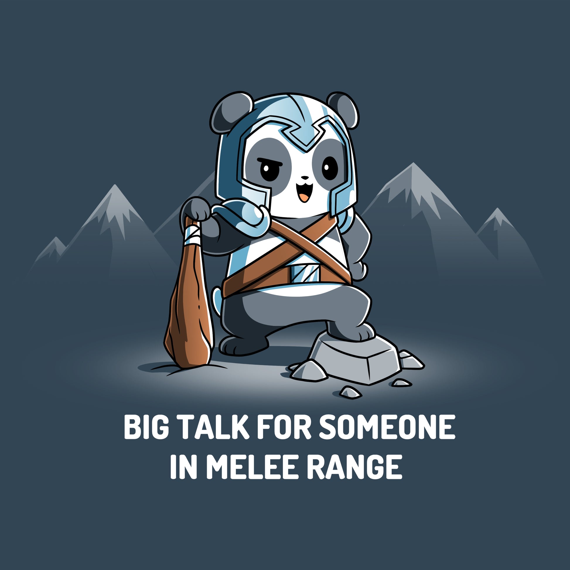 Premium Cotton T-shirt_TeeTurtle Big Talk For Someone In Melee Range denim t-shirt featuring a panda dressed in armor, striking a pose and holding a wooden club.