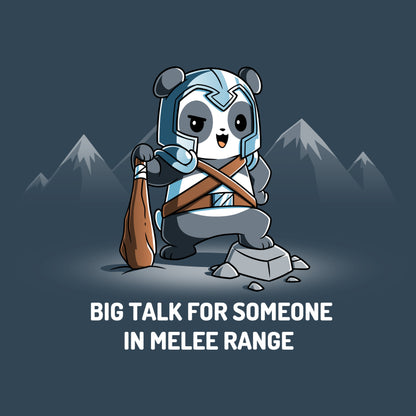 Premium Cotton T-shirt_TeeTurtle Big Talk For Someone In Melee Range denim t-shirt featuring a panda dressed in armor, striking a pose and holding a wooden club.