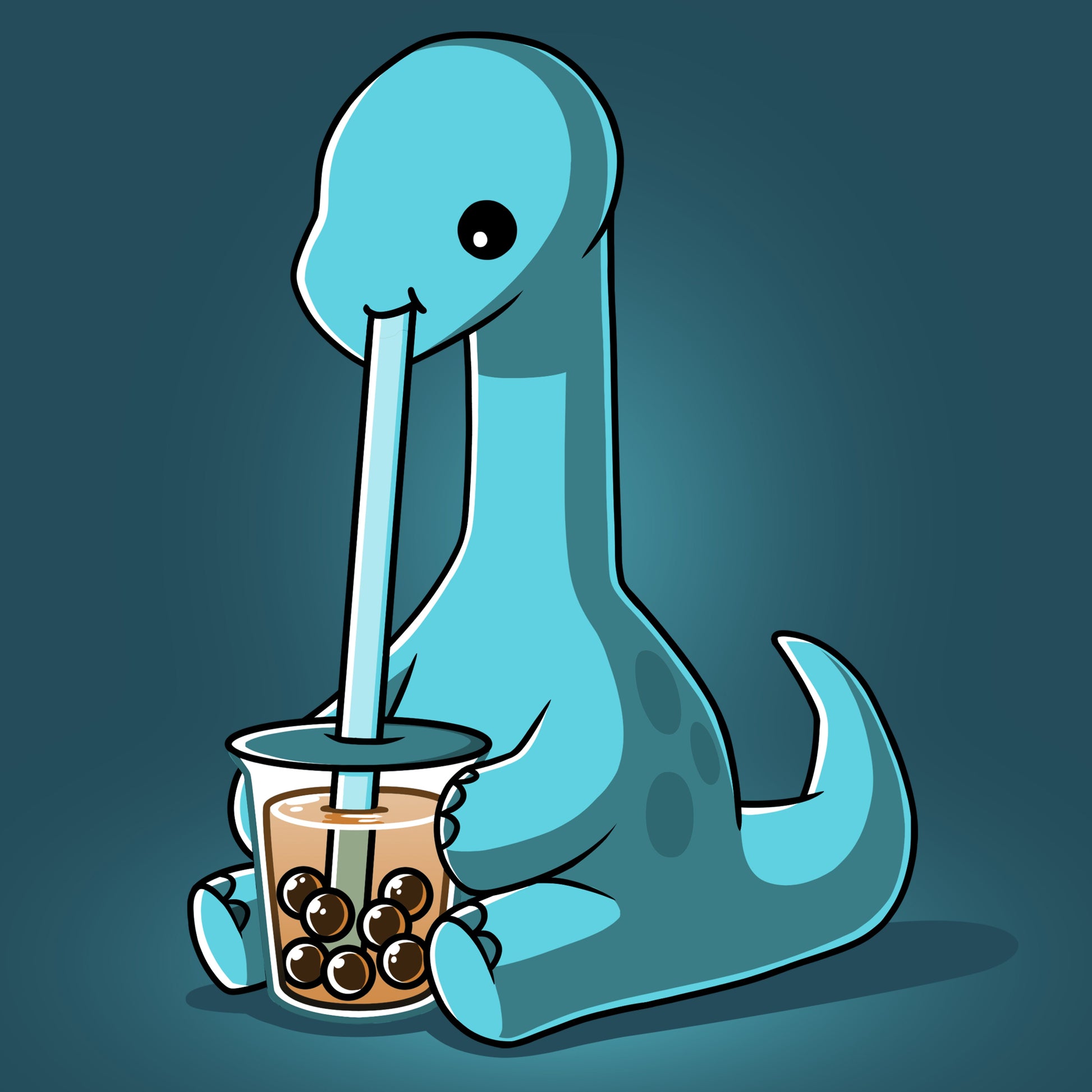 Premium Cotton T-shirt_TeeTurtle Boba Dinosaur Denim t-shirt featuring a cartoon dinosaur sipping bubble tea through a large straw. The dinosaur is blue with a long neck and tail, seated against a dark background. 