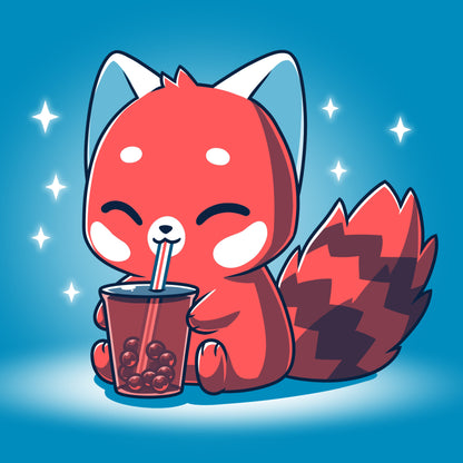 Premium Cotton T-shirt_TeeTurtle Boba Red Panda Cobalt Blue t-shirt featuring a cute red panda cartoon happily drinking bubble tea with a straw against a blue background with sparkles.