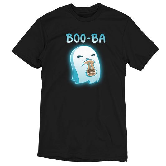 Premium Cotton T-shirt_TeeTurtle Boo-ba black t-shirt featuring a cheerful ghost sipping a boba drink.