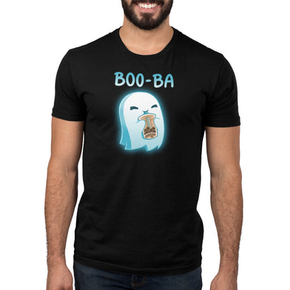 Premium Cotton T-shirt_TeeTurtle Boo-ba black t-shirt featuring a cheerful ghost sipping a boba drink.