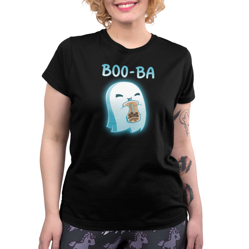 Premium Cotton T-shirt_TeeTurtle Boo-ba black t-shirt featuring a cheerful ghost sipping a boba drink.