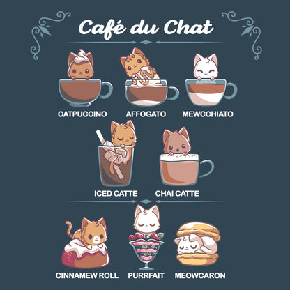 Premium Cotton T-shirt_TeeTurtle Cafè Du Chat denim blue t-shirt featuring a menu titled "Café du Chat" featuring cats in different beverages and desserts: Catpuccino, Affogato, Mewcchiato, Iced Catte, Chai Catte, Cinnamew Roll, Purrfait, and Meowcaron.