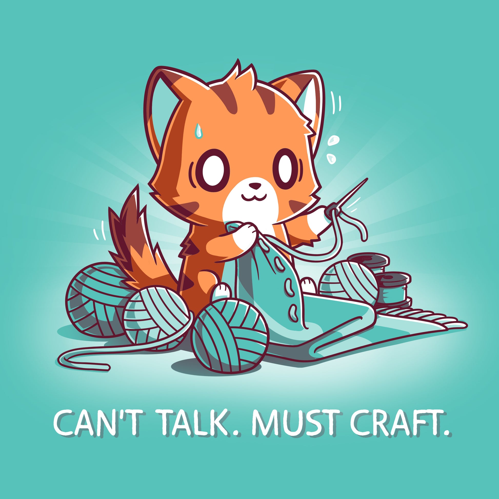 Premium Cotton T-shirt_Teeturtle Can't Talk. Must Craft caribbean blue t-shirt featuring a cat knitting with multiple yarn balls around and a concentrated expression. Text below reads "CAN'T TALK. MUST CRAFT."