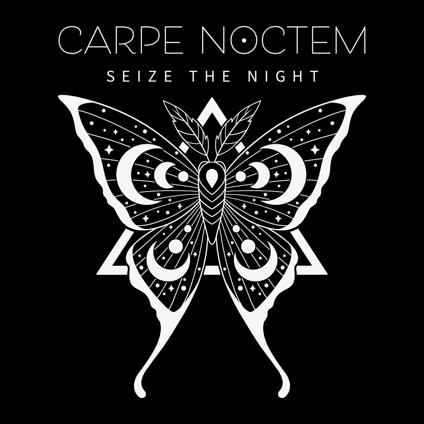 Premium Cotton T-shirt_TeeTurtle Carpe Noctem black t-shirt featuring an illustration of a detailed moth with celestial patterns.