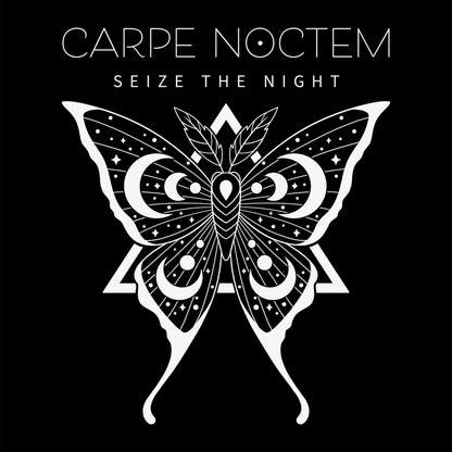 Premium Cotton T-shirt_TeeTurtle Carpe Noctem black t-shirt featuring an illustration of a detailed moth with celestial patterns.