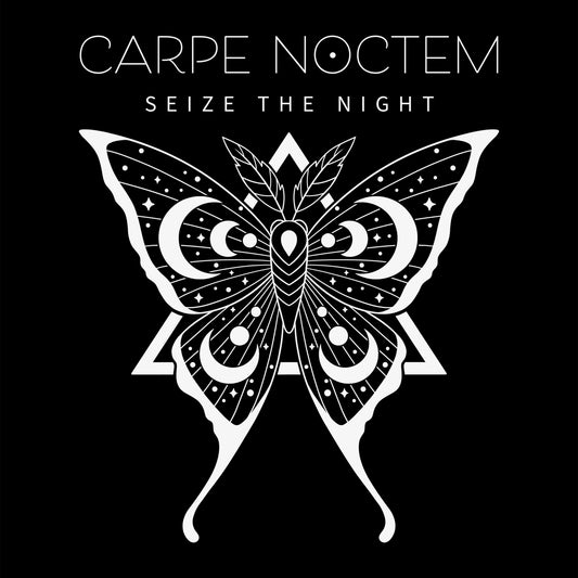 Premium Cotton T-shirt_TeeTurtle Carpe Noctem black t-shirt featuring an illustration of a detailed moth with celestial patterns.