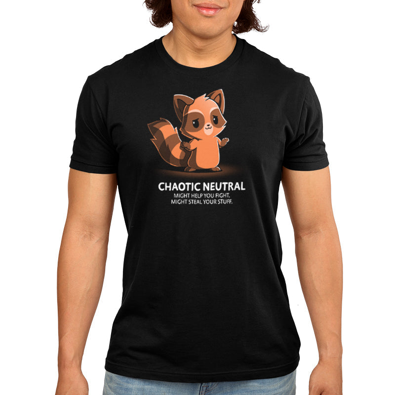 Premium Cotton T-shirt_TeeTurtle chaotic-neutral black t-shirt featuring an illustration of a raccoon with a caption "Chaotic Neutral. Might help you fight. Might steal your stuff." The raccoon has a smug expression and stands against a dark background Chaotic Neutral